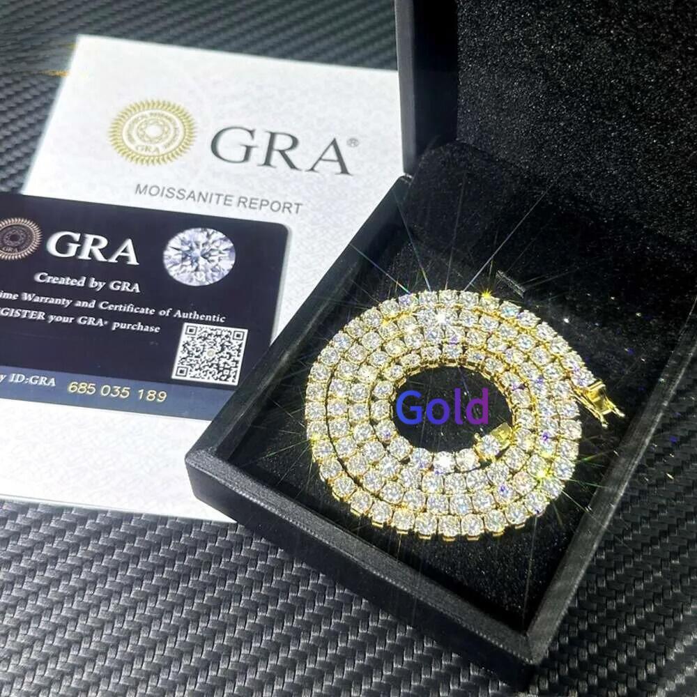 Gold Plated Moissanite Clusters Hip Hop Iced-Out Necklaces with Durable Tennis Chains 2mm 3mm 4mm 12mm