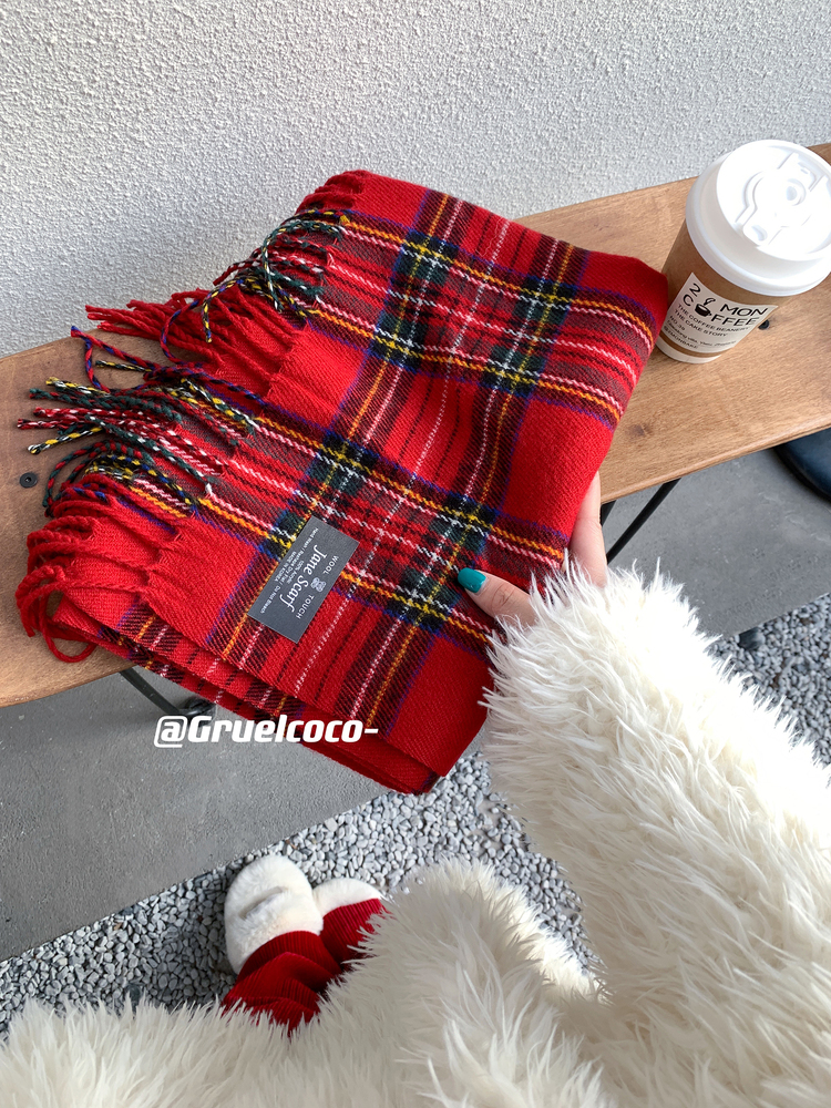 Korean Style Red Plaid Tassel Christmas Scarf Atmosphere Birthday Gift Winter Versatile Student Couple Shawl Trendy