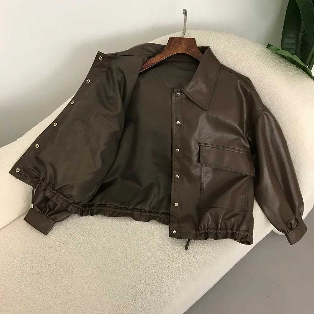 DEBAIFUR 2025 New Spring Autumn Korean Style Singlebreasted Short Leather Jacket Women Brown Loose Top Artificial Leather PUT251017