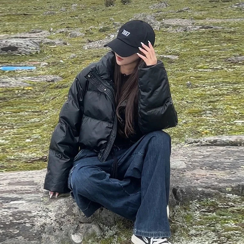 Women Winter Coat Fashion Standup Collar PU Windproof Warm Short Parkas Coat Street Trend Loose Oversized Outwear Cotton Jacket 251011