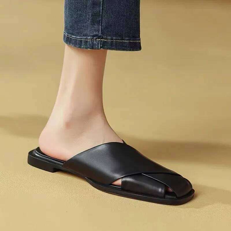 Women Mules 2025 Summer Elegant Square Closed Toe Flat Slippers Female Shoes Casual Leather Black White Slides Plus Size 35-40