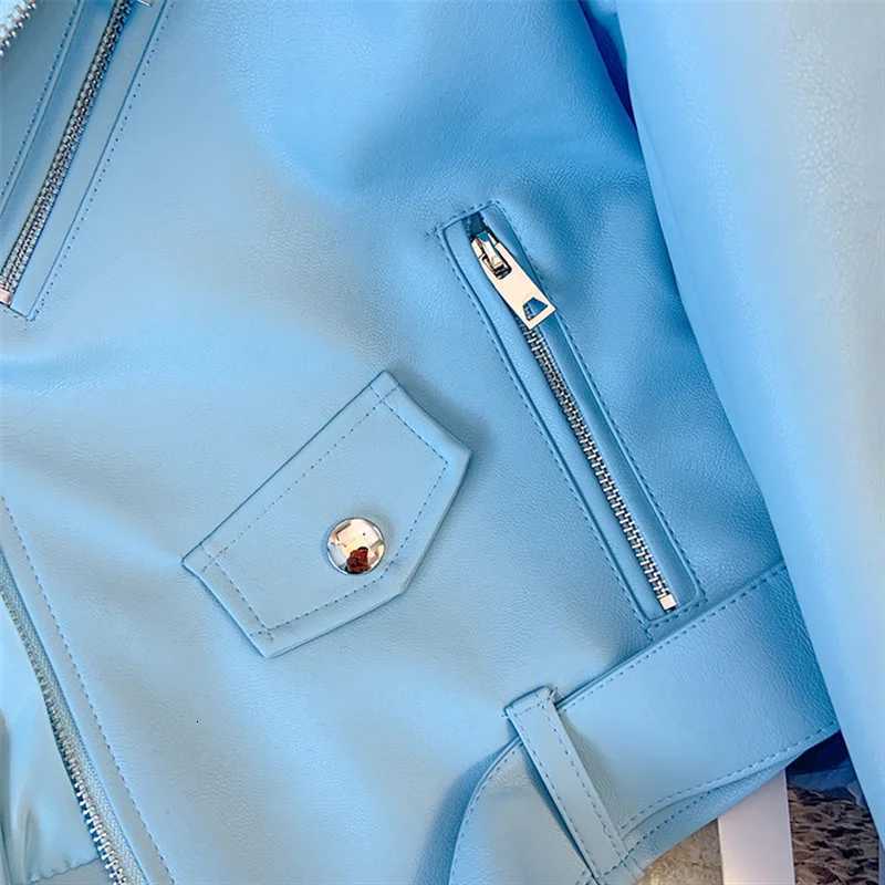 Black White Sky Blue Faux Pu Leather Jacket Women Slim Short Coat With Belt Lapel Long Sleeve Spring Autumn Female StreetwearT251017