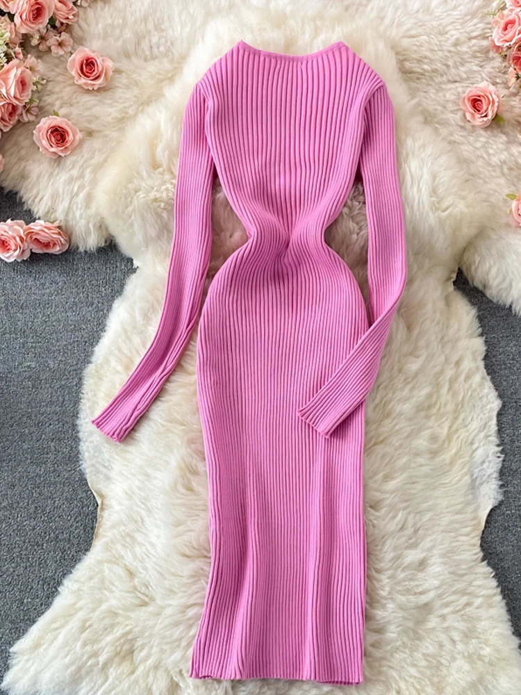 YuooMuoo Autumn Winter Women Dress Elegant Cross Vneck Slim Waist Knitted Bodycon Dress Korean Office Lady Vestidos 251017