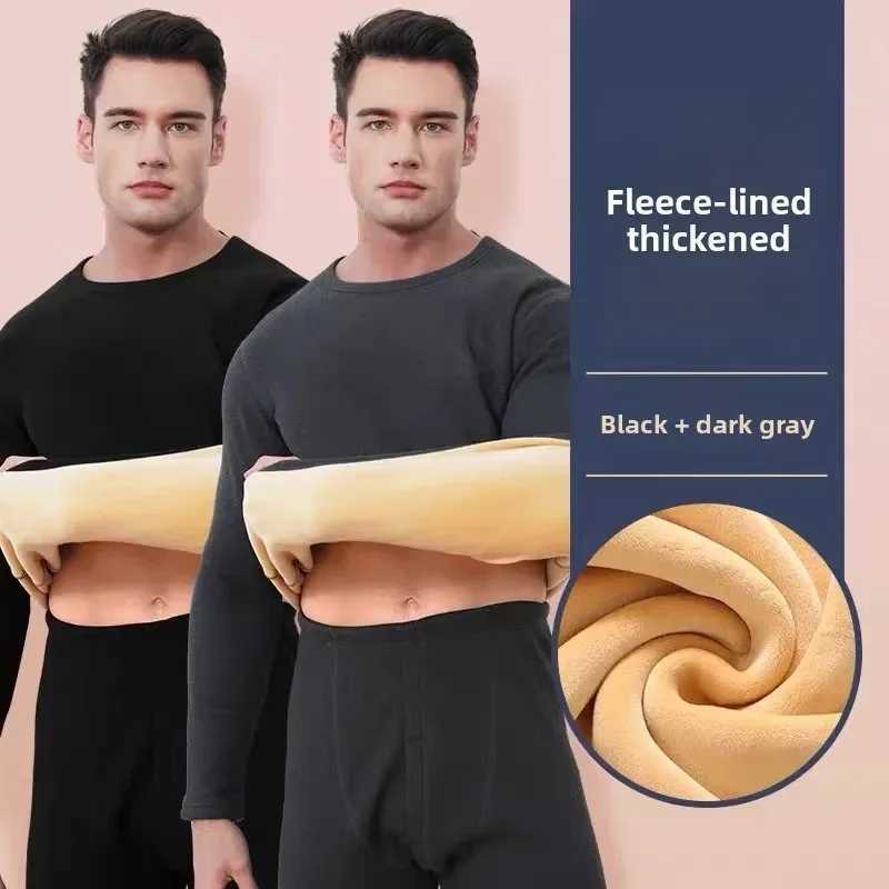 Mens Thermal Underwear Set Fleece Lined Thickened Round Neck Autumn Winter Lamb Velvet Cold Resistant Thermal Clothing H251017