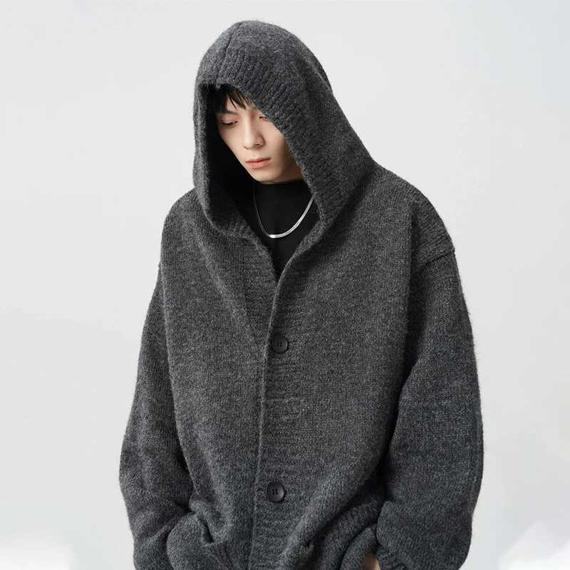 Winter Gray Woollen Knitted Cardigan Hooded Sweater Mens Pockets College Fashion Knitwear Jacket Y2K Vintage Jumpers Hombre J251017