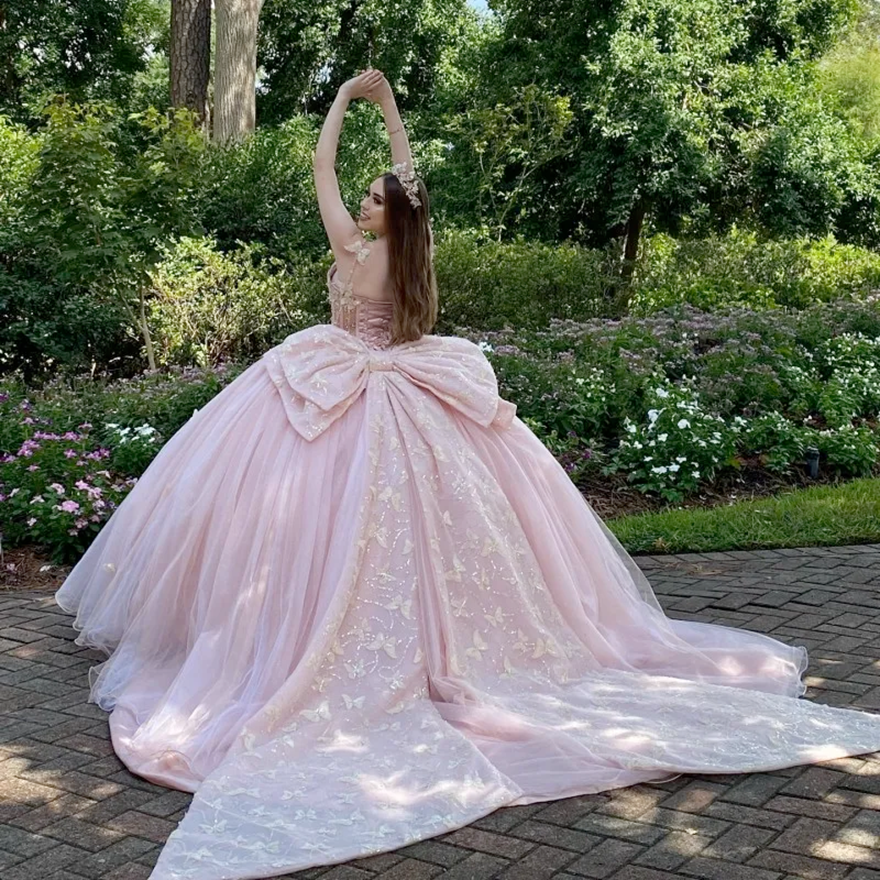 2025 Pink Shiny Princess Beaded Crystal Tull Ball Gown Quinceanera Dress With Big Bow Corset Vestido De 15 Anos