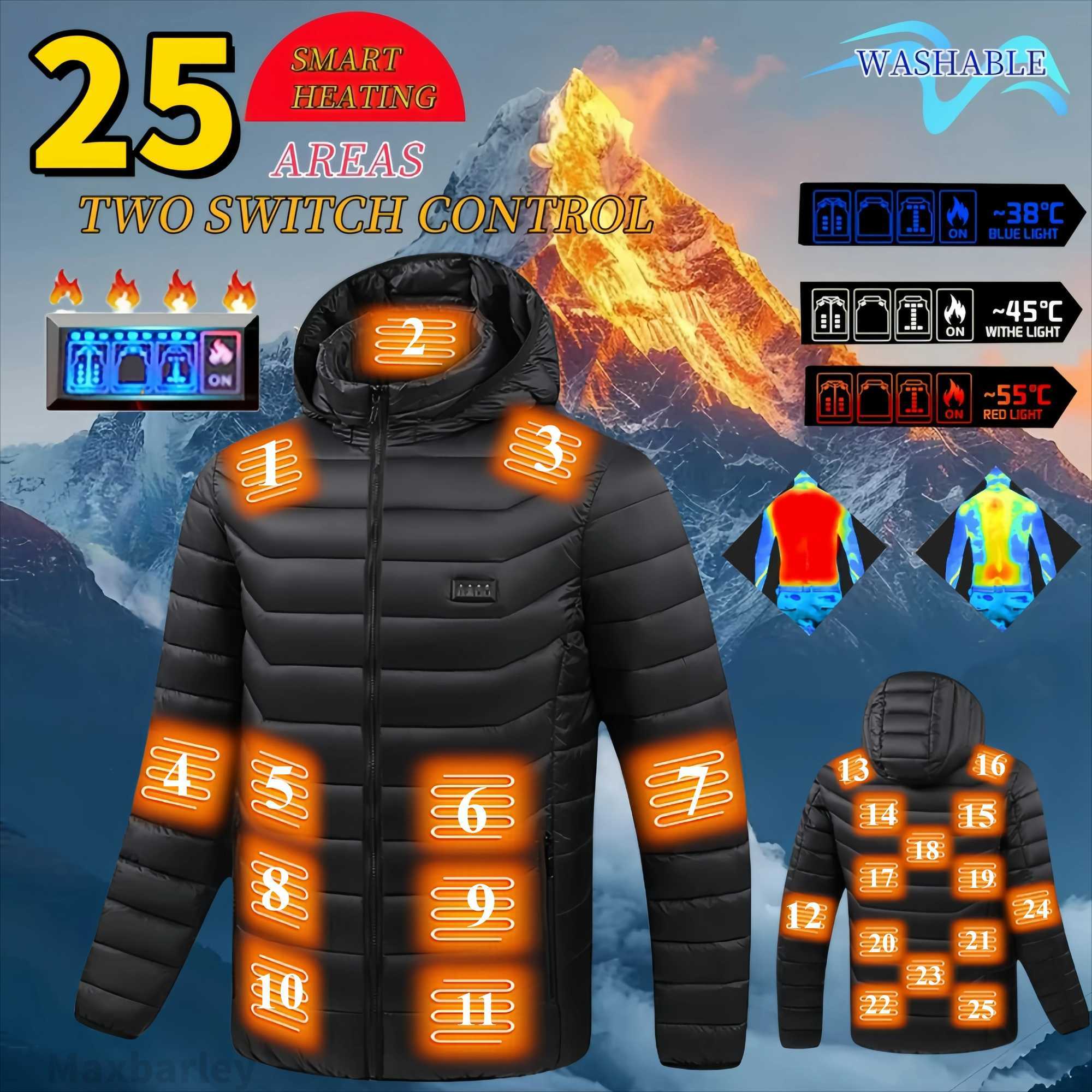 25 Areas Heating Jackets Mens Self Heating Parka Womens Warm USB Electric Vest Heating Down Cotton Jacket Winter Ski Clothes 6XL H251017