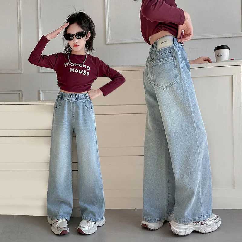 Autumn Young Teenager Girls Denim Pants Elastic Waist Youth Girls Trousers Loose Casual Pure Color Children Girls JeansT251017