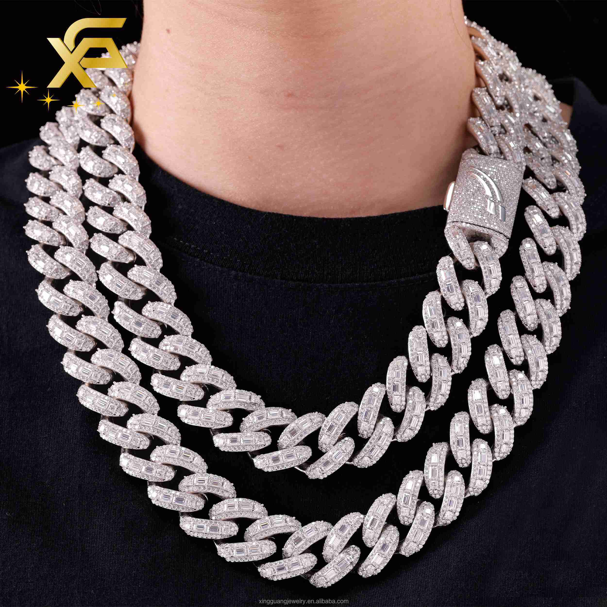 Hip Hop 20mm 18mm Wide Necklace Baguette Moissanite Diamond Heavy Silver Gold Plated Cuban Lidynamic Chain with GRA Certificate
