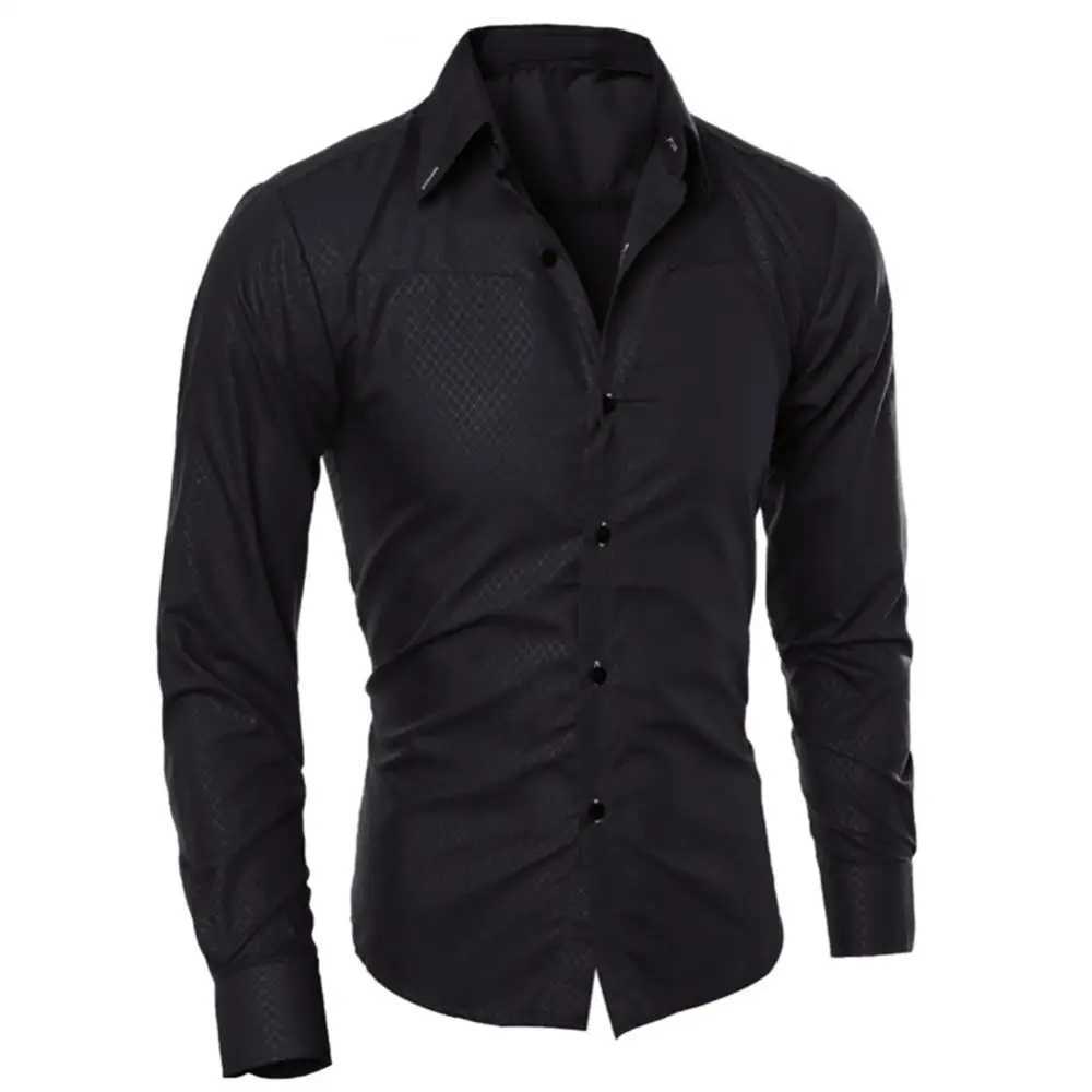 Men Shirts Solid Color Turn Down Collar Long Sleeve Shirts Button Closure Slim Fit Blouse Business Shirt Top Mens Clothing J251017