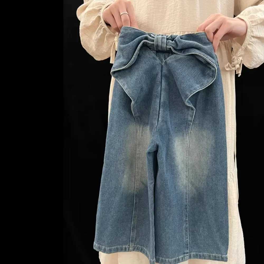 Korean Version Fashion Casual Girl Denim Wide Leg Pants with Big Bow Design Street Style Versatile for 37 Years Old in SummerT251017