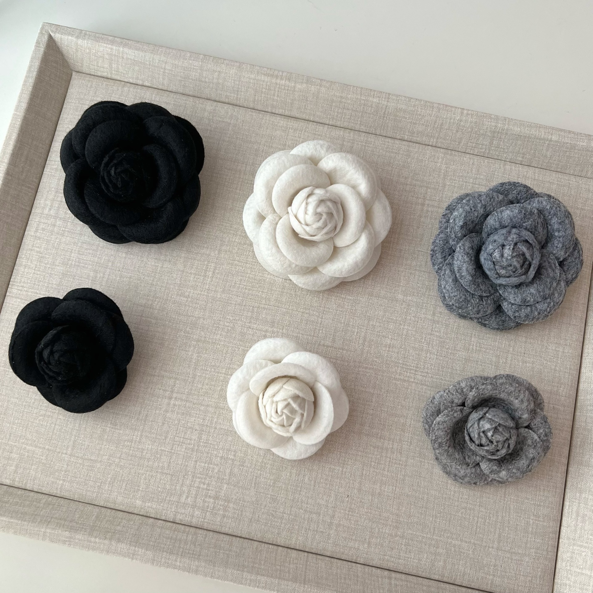 designer brooch style handmade camellia black white gray solid color flower 3d brooch collar pin decoration with mini small size