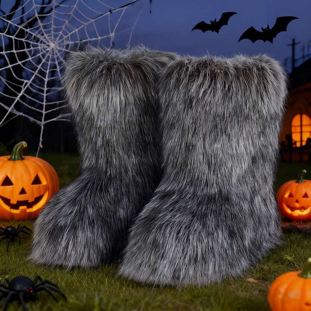 Women's Slip-On With Plush Faux Fur Thick Platform Heel Mid-Calf Warm Round Toe, Dark Gray/Black Cozy Microfiber Insulated Boots Snow Ice, TPR So