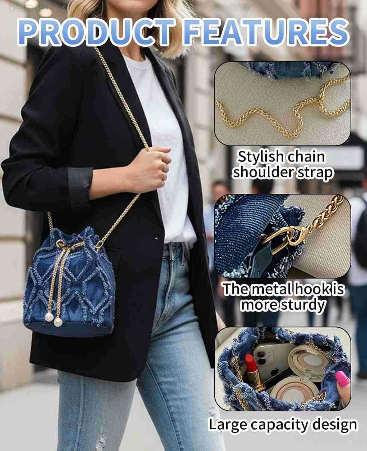 Jean Purses for Women Denim Quilted Drawstring Crossbody Bags Bucket Blue Z251017