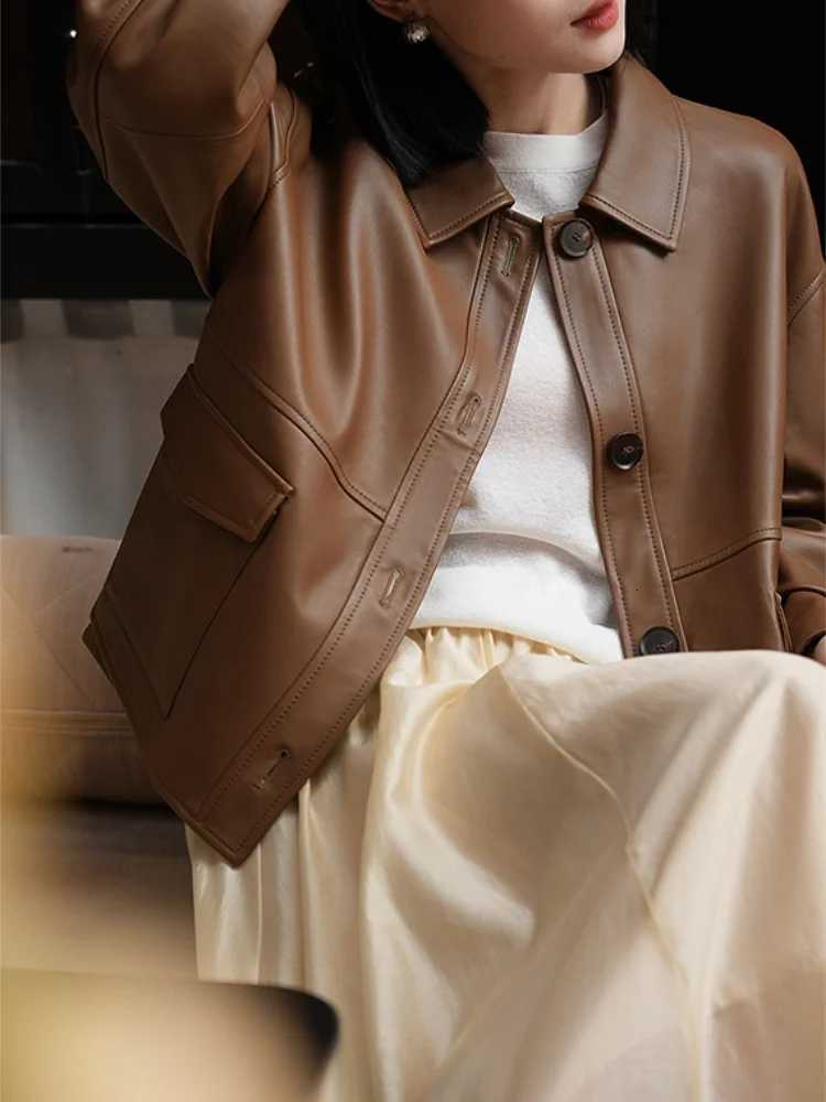 Leather Jacket with Pockets Buttons Front Faux Leather Coat Lapel Collar Long Sleeves Tops AutumnWinter Woman ClothingT251017