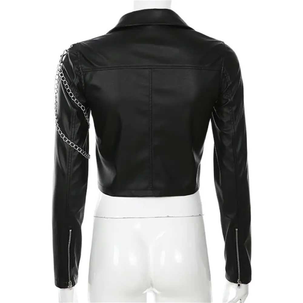 Vangull Faux Leather Cropped Jackets Women Punk Black Coat Woman Gothic Long Sleeve Overcoat With Chains Outwears TopsT251017