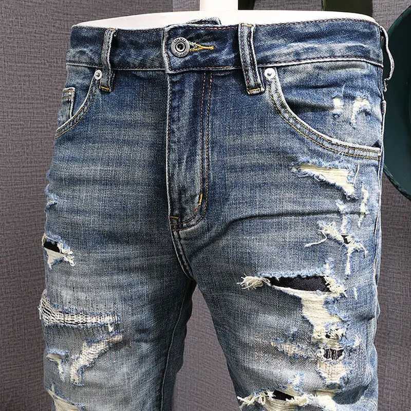Street Fashion Men Jeans Retro Blue Stretch Slim Fit Hole Ripped Jeans Men Patched Designer Hip Hop Vintage Denim Pants Hombre1 Y251105