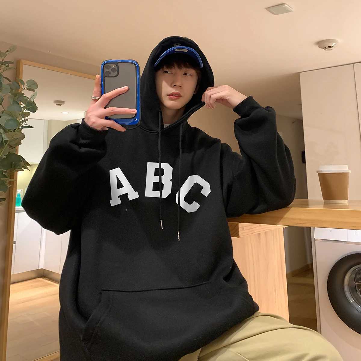 Letter Print Mens Hoodies Korean Fashion Harajuku Oversized Pullover Hip Hop Long Sleeve Hooded Sweatshirts Streetwear Z251017