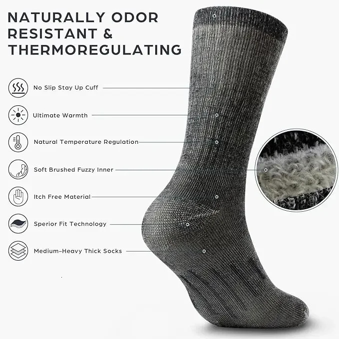 Mens 90 Merino Wool Hiking Cushion Socks Thermal Warm Crew Winter Boot Socks for Skiing Hiking Moisture Wicking 251017
