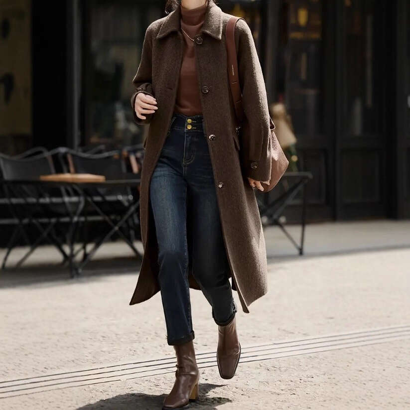 Women's Autumn Winter New Arrival Ladies Woolen Coat Streetwear Fashion Casual Lace-Up Long Slim Fit Outerwear B5