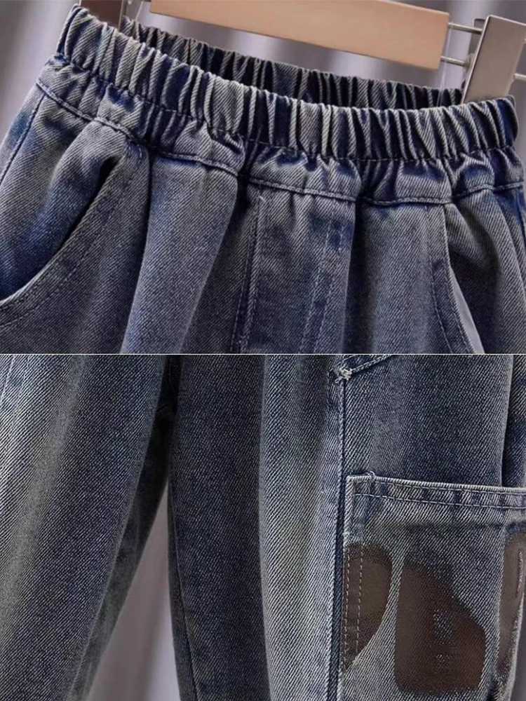 Autumn Kids Boys Jeans Letter Print Elastic Waistline Denim Cargo Pants Solid Color Street Sports Trousers Spring ClothesT251017