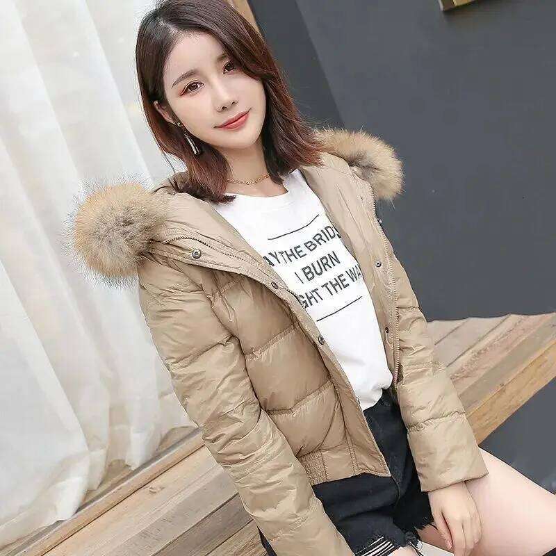 2025 Winter New Women's Down Commuting Fake Fur Collar Hooded Short Cotton Jacket