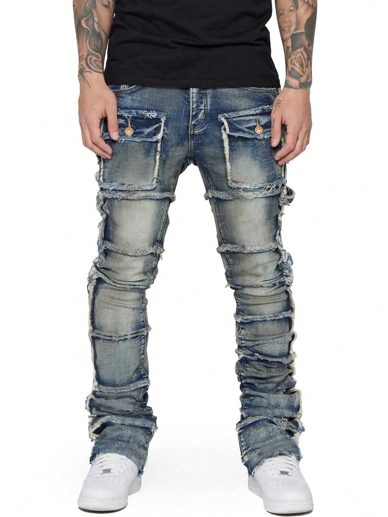 2025 Trendy Men Jeans European 1 Fashionable Workwear with Patch Elastic Laminated and Slightly Flared Men Denim Pants1 Y251105