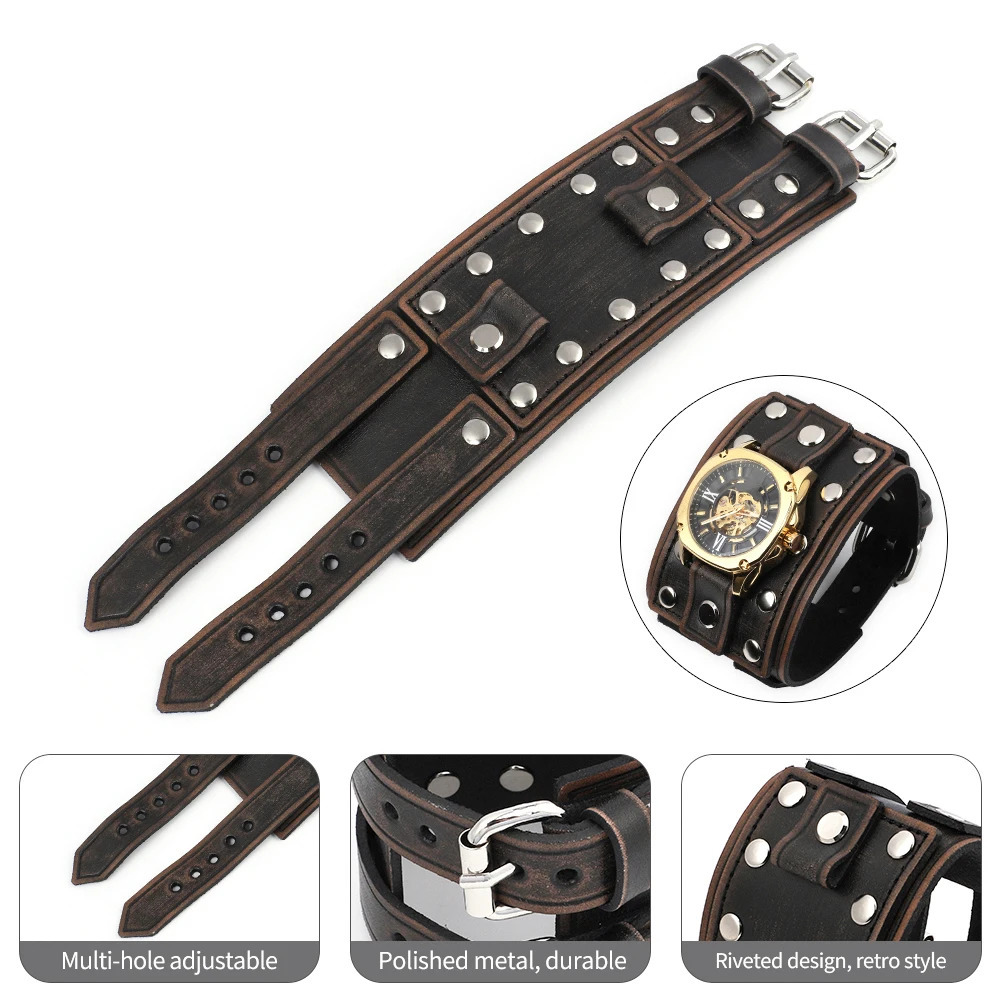 Vintage Punk Leather Cuff Strap 20mm Mens Wrist Watch Band with Mat Double Buckle Rivet Watchband Bracelet Watches Accessories 251016