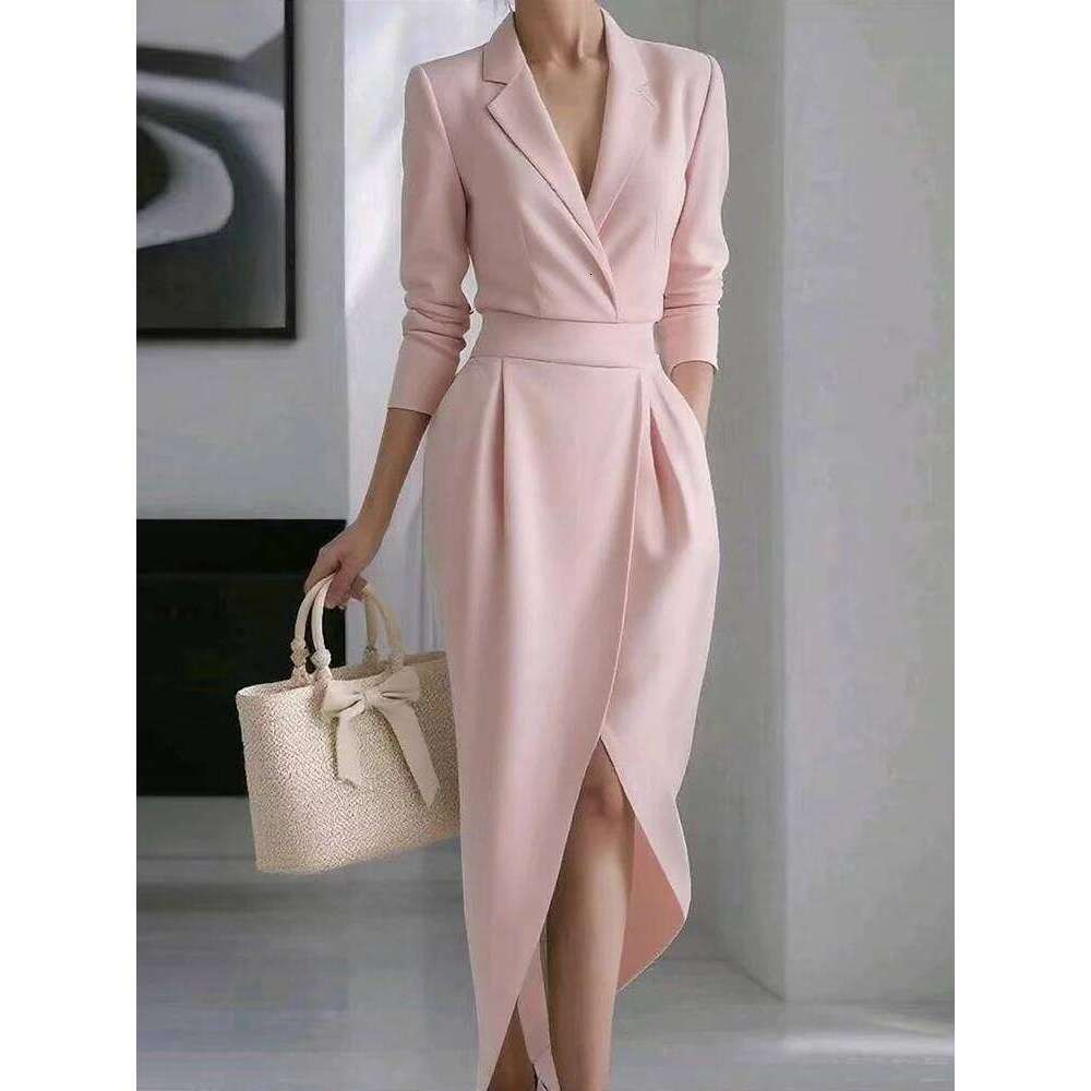 Turn-Down Collar Spring Autumn Party Women Holiday Long Sleeve Solid Maxi Dress, Patchwork Simple Ladies Dress Vestidos