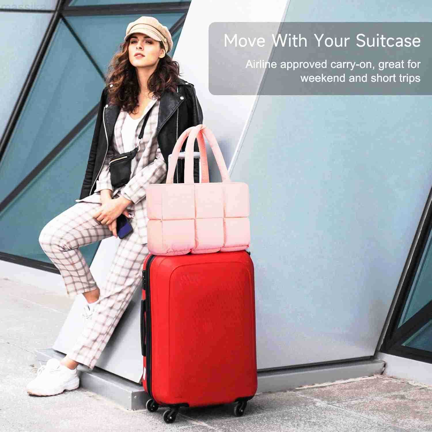 Travel Puffer Tote Bag for Women Large Quilted Shoulder Bag Handbag Puffy Weekender Overnight Bag for Shop Work Gym M251017