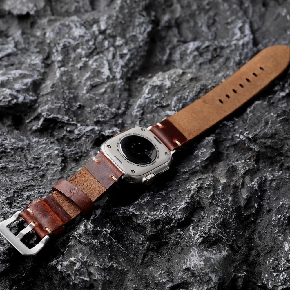Handmade Top Layer Cowhide Strap 44MM 45MM 49MM Suitability For Watch S9 Ultra2 Brown Thick and Durable Leather Bracelet 251016