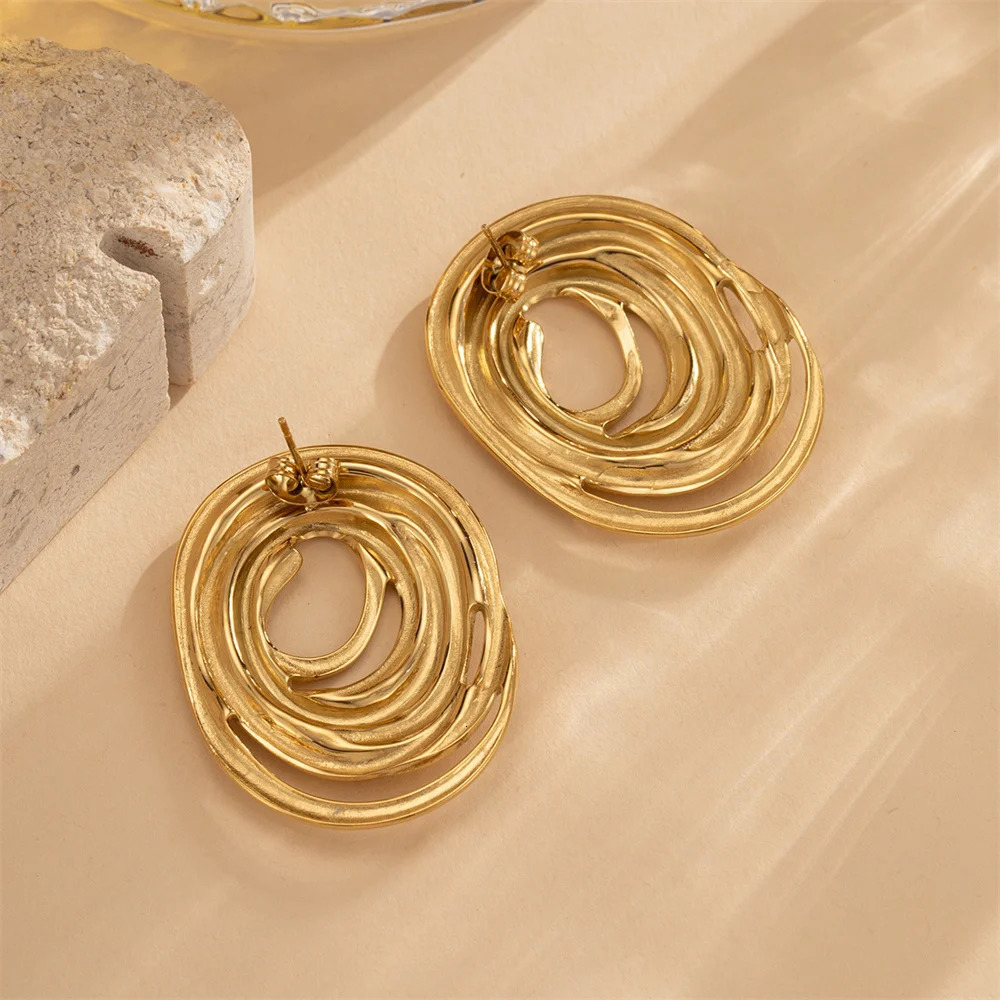 Stainless Steel Oval Line Stud Earrings Exaggerated Gold Color Party Earrings Women Simple Jewelry Accessories 251016
