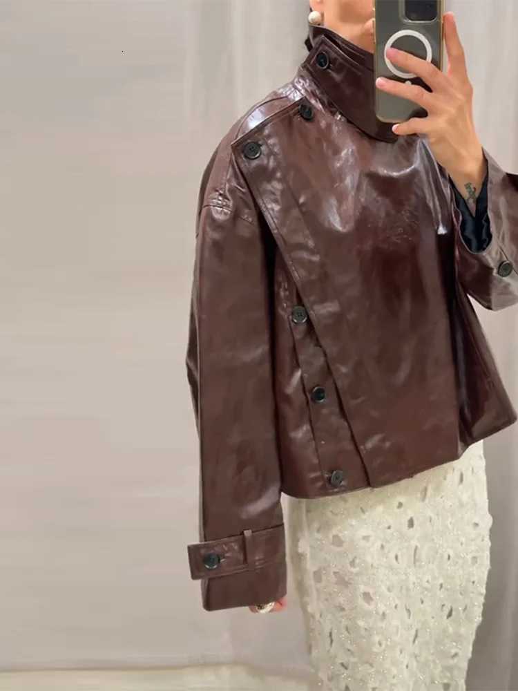 Retro PU Leather Short Jacket Women New Design Stand Collar Slash Button Jackets Female 2025 Autumn Classic Chic Street OutwearT251017