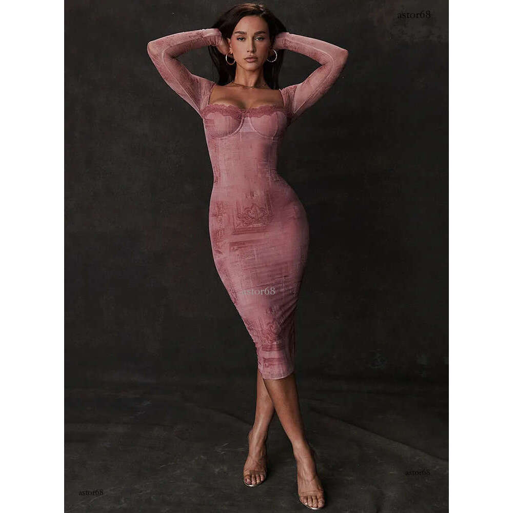Basic Casual Dresses Mozision Square Collar Long Sleeve Print Sexy Midi Dres Autumn Winter Bodycon Elegant Club Party 230920