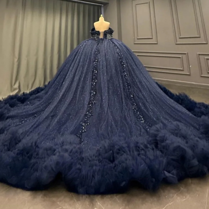 Navy Blue Shiny Quinceanera Dresses Off The Shoulder Applique Beading Crystal Tiered Tull Party Birthday Sweet 16 Dres Vestidos 15 De Anos