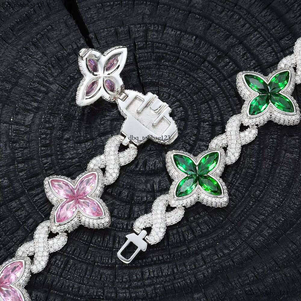 Fashion 21mm Sterling Sier Colorful Marquise CZ VVS Moissanite Four-Leaf Clover Infinity Cuban Chain Bracelet