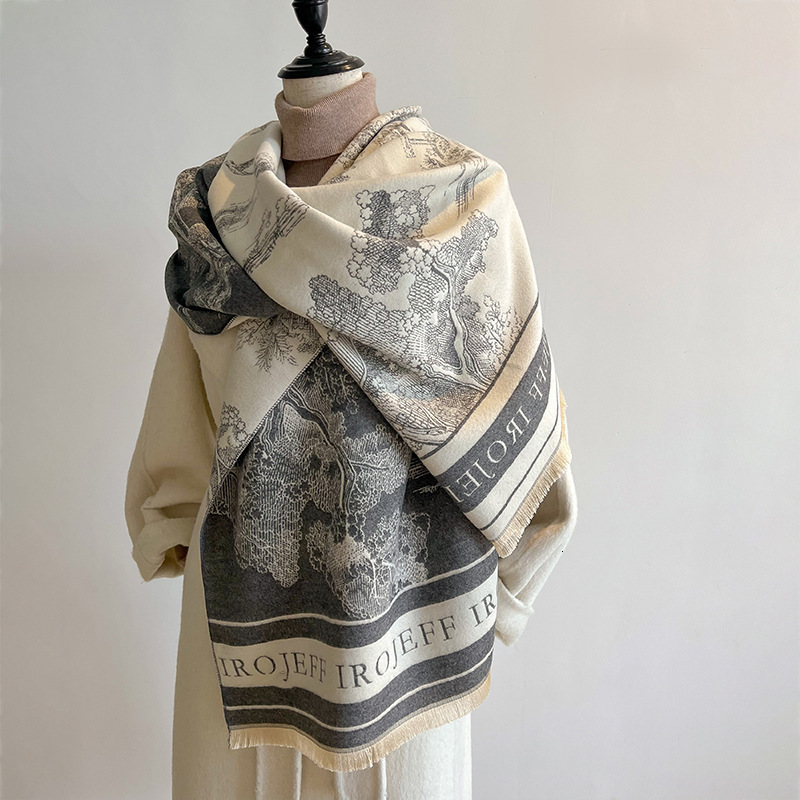 Same Style Scarf Landscape Painting Winter New Neck Warmer Women Imitation Cashmere Warm Thickened