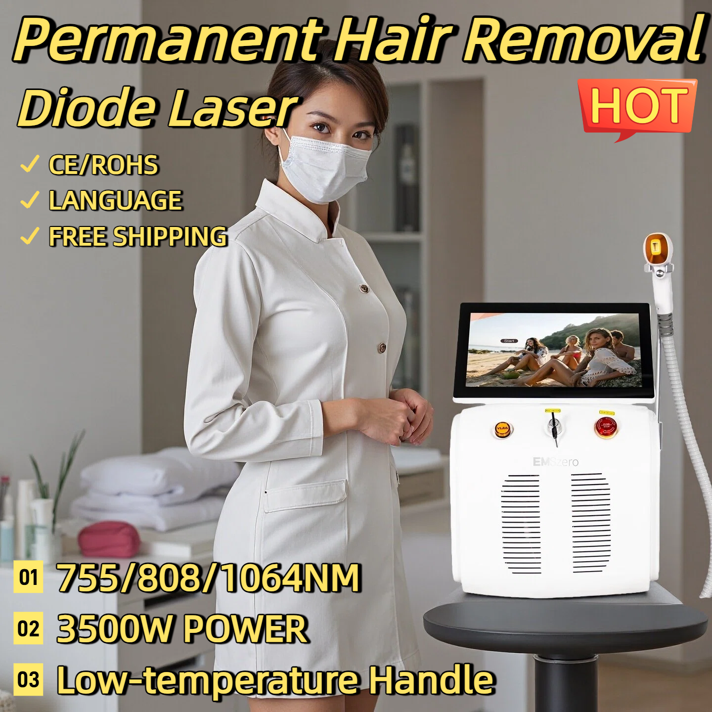 New Large Screen Diode Laser Hair Removal Machine Painless Permanent Hair Removal Skin Whitening High Power Smart 3 Wavelengths 755/808/1064nm Laser M