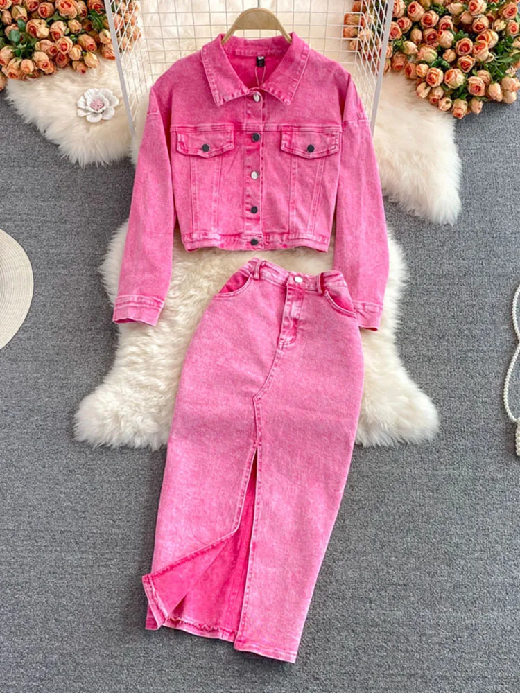 Autumn Women Pink Denim Sets Lapel Long Sleeve Short Denim Jacket High Waist Denim Skirt Korean Female Two Piece Set Streetwear 251017