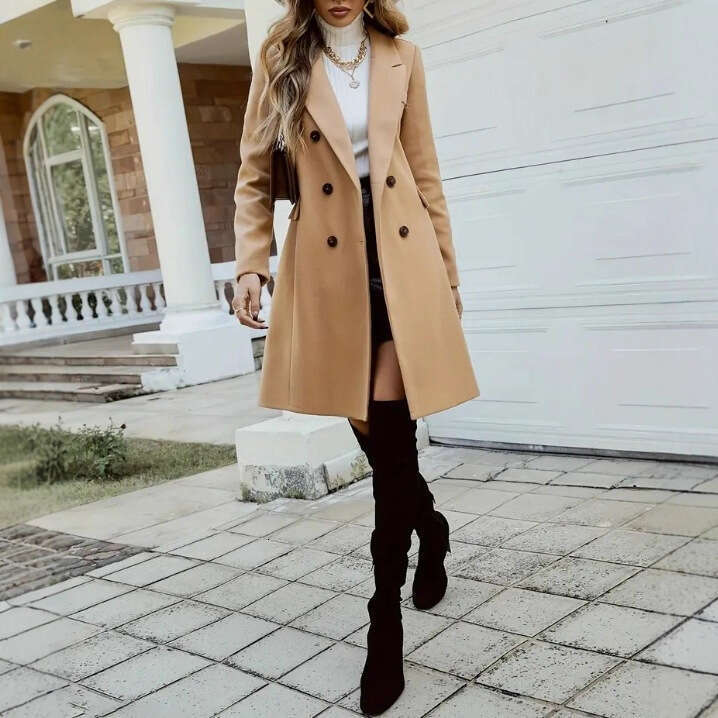 Trade Autumn Winter Women's Elegant Double-Breasted Wool Coat B5