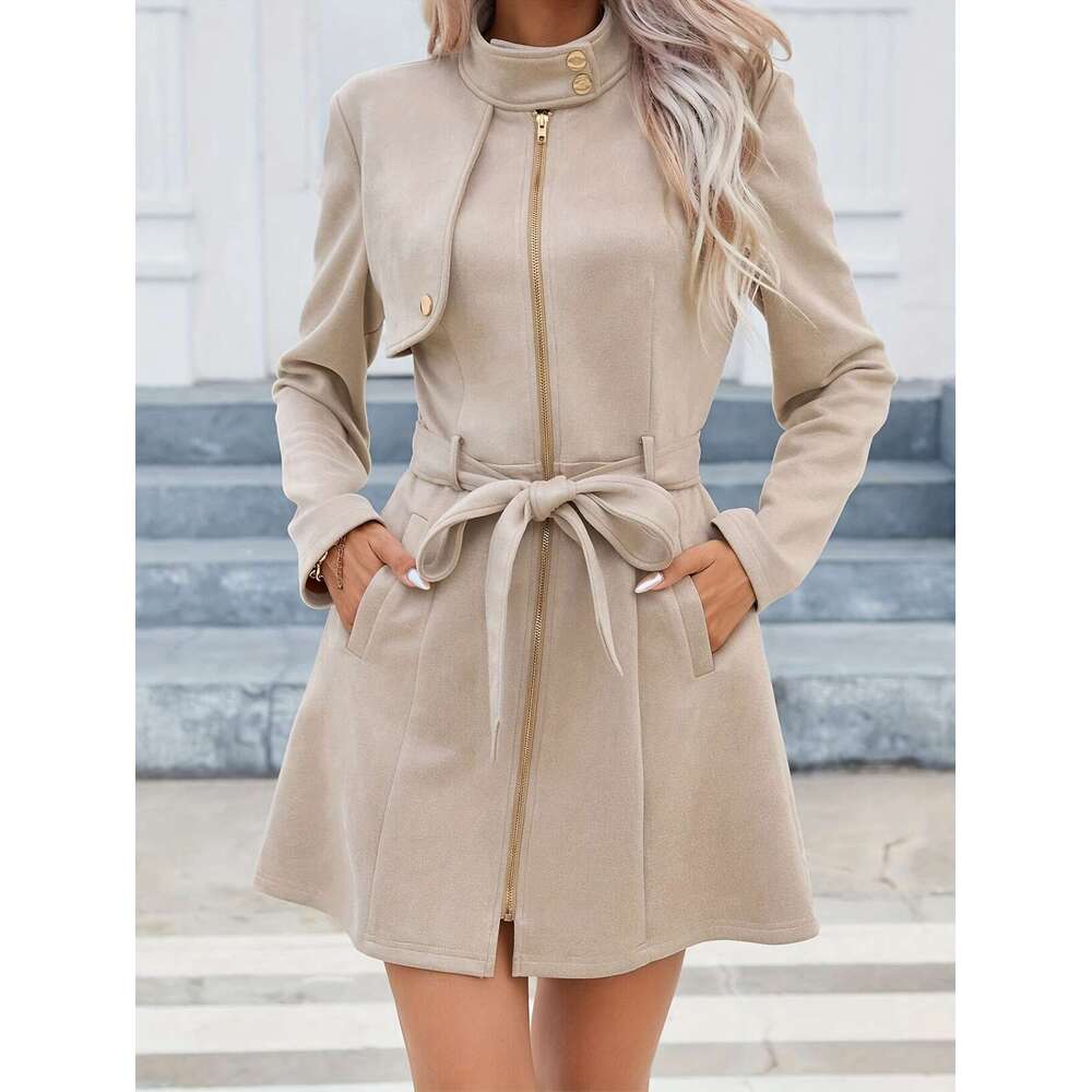 Women's Elegant Beige - Middle Eastern-Inspired Round Neck Trench Coat With Front Zipper Bow Detail, Hine Washable Spring/Fall Outerwear For Casu