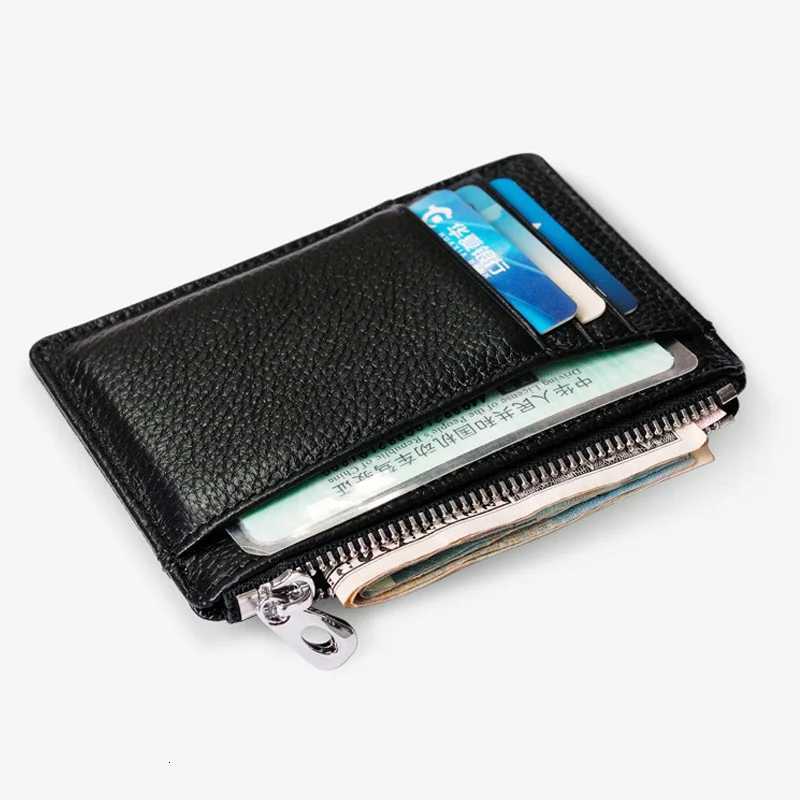 Mens Genuine Leather Minimalist Wallet Ultra Thin Zipper Coin Pouch with Credit Card Holder Small Money BagW251017