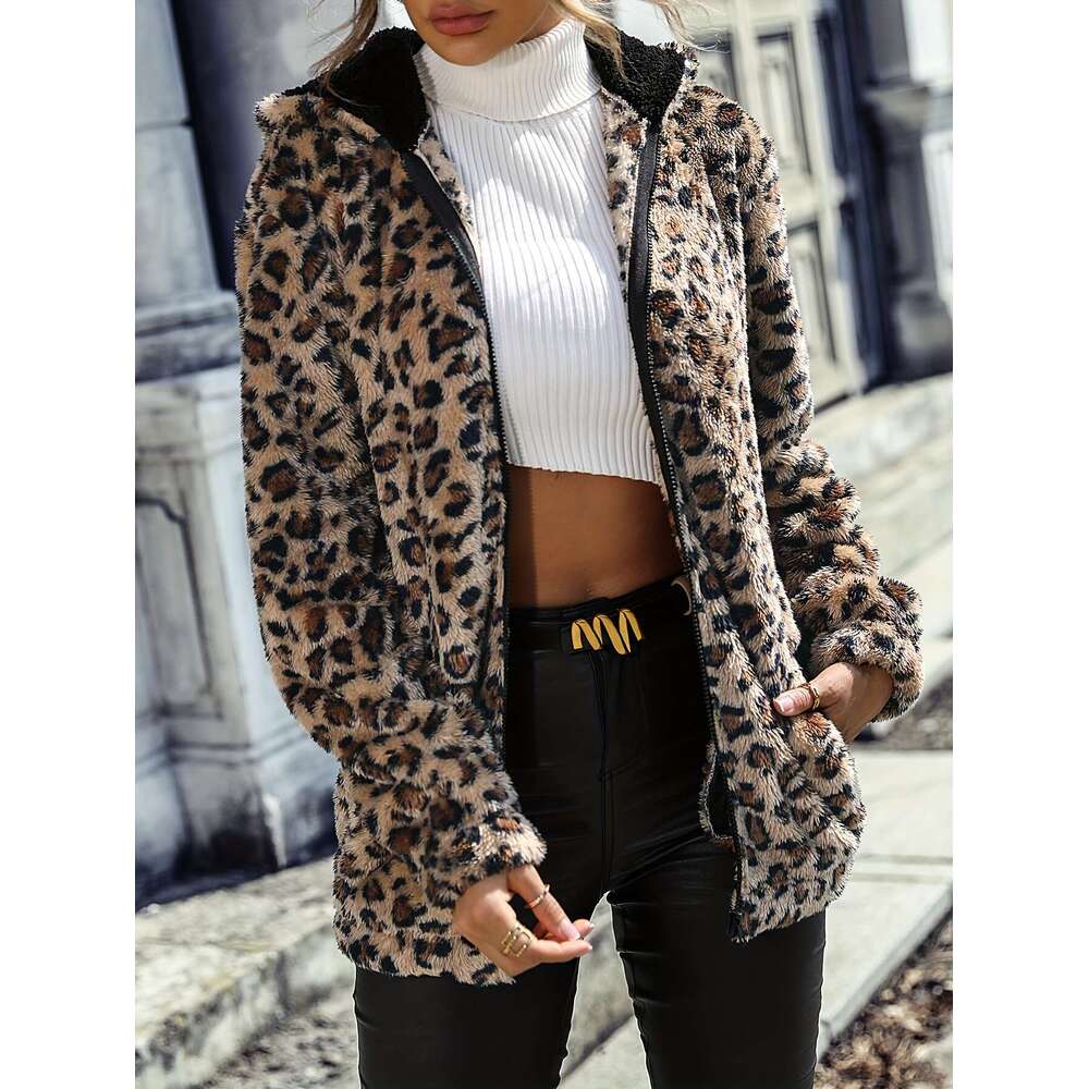 Versatile Long Sleeve Leopard Pattern Zipper Hooded Teddy Coat For Fall & Winter, Women's Clothing