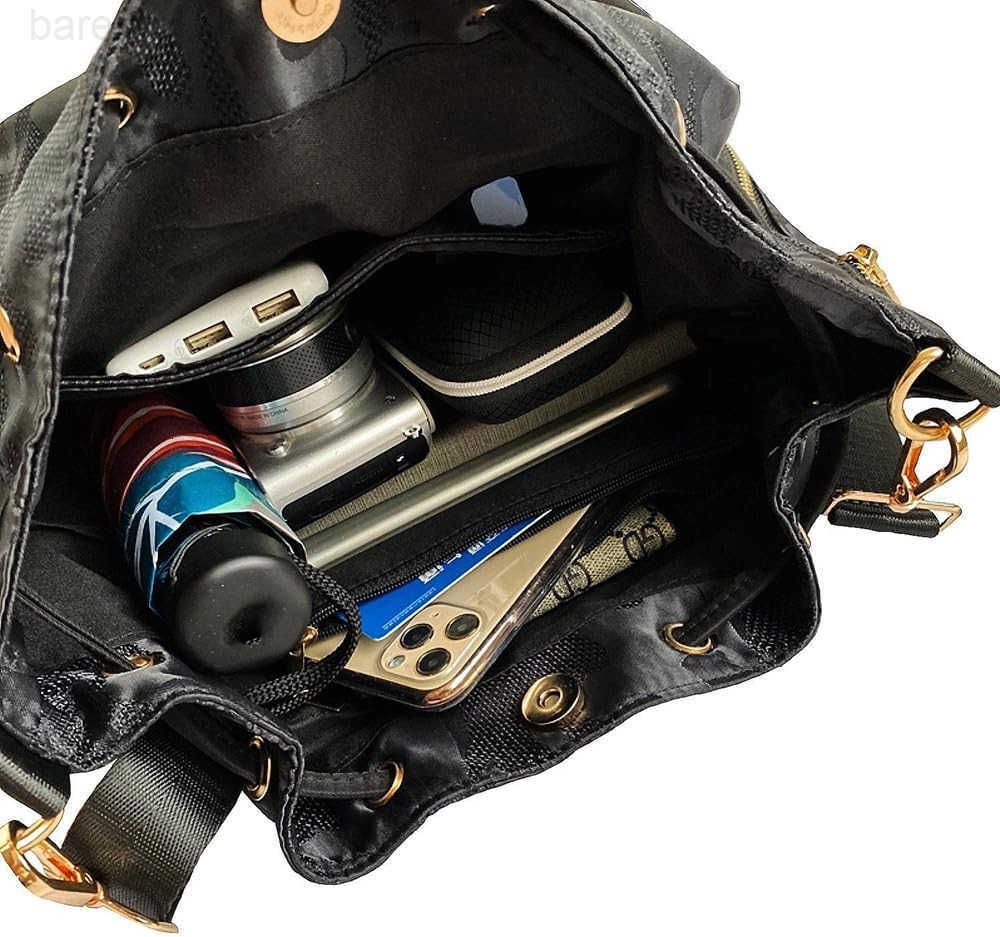 Premium Nylon Bucket Bag with 7 Zipper Pockets Premium Drawstring Bucket Bag Purse for Women Z251017