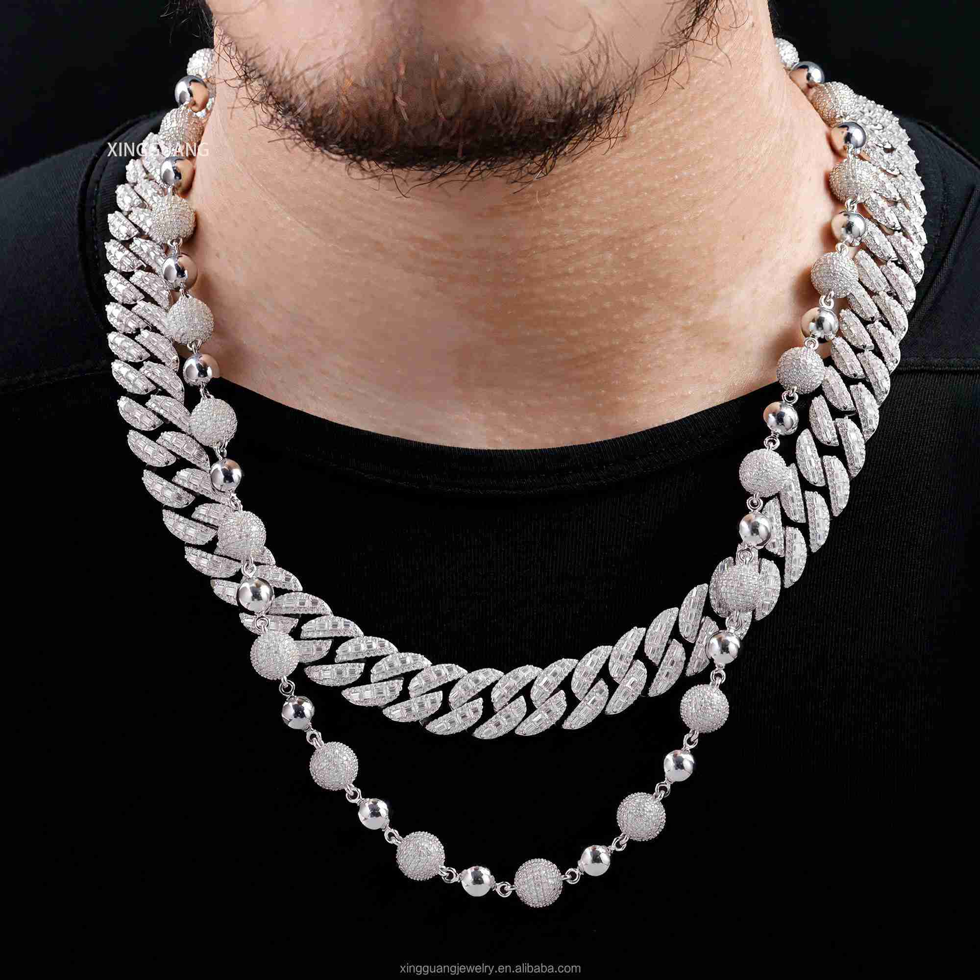 Yu Ying 925 Sterling Silver Cuban Chain 10mm Width Moissanite Diamond Ball Shape Hip Hop Necklace Cuban Lidynamic Chain