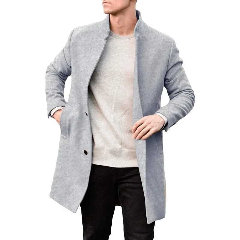 British Style Men Woolen Coat Stand Collar Singlebreasted Elegant Male Blazer Trench Coat Midlength Long Winter Warm Overcoat J251017
