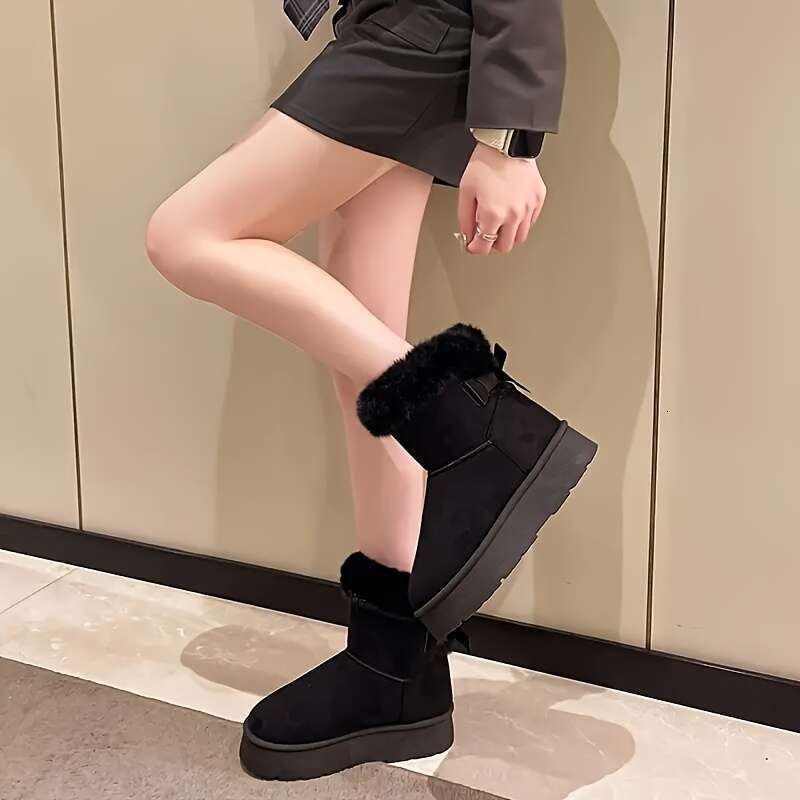 Women's Warm Winter Short -Like Faux Trim Round Toe & Low Block Heel, Round-Toe Snow With Rubber Sole No Edges Brown - Cozy Casual/Dress Boots Fo