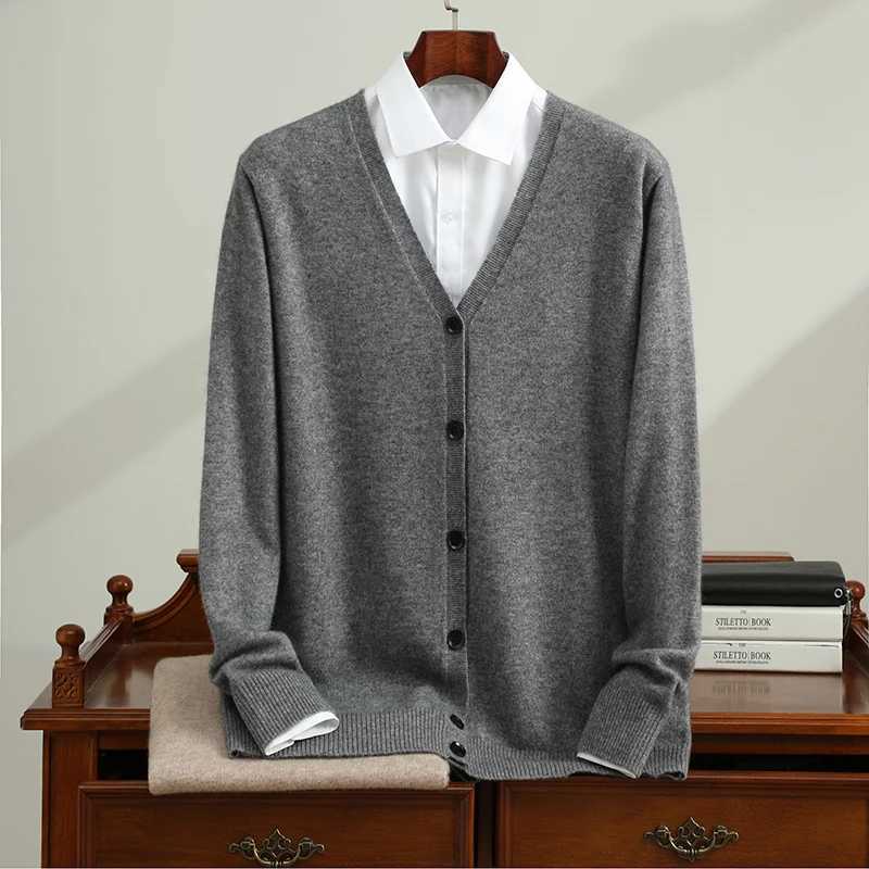 Mens 100 Cashmere Cardigan SpringAutumn Casual Solid Knitted Vneck Sweater Loose Thick Warm SingleBreasted Jumper Coat J251017