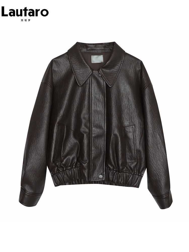 Lautaro Spring Autumn Cool Handsome Short Brown Hard Pu Leather Jacket Women Zipper Long Sleeve Luxury Designer Clothes 2024T251017