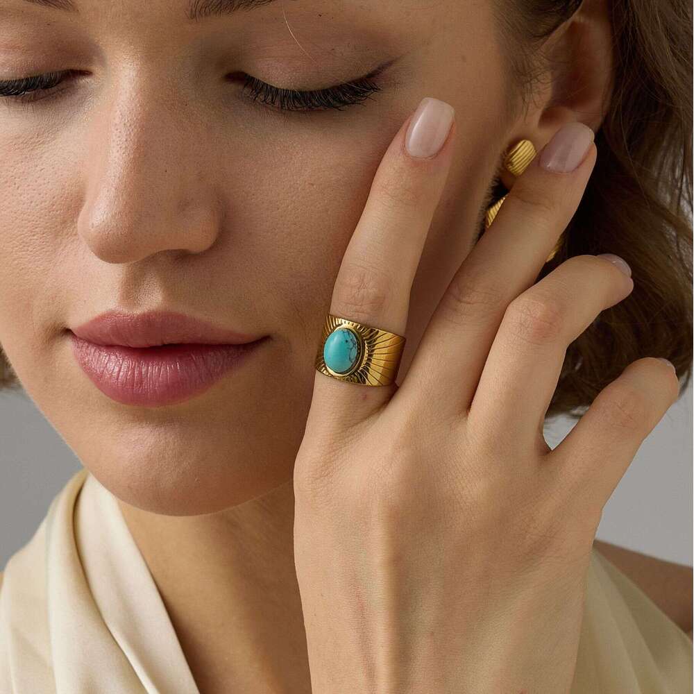 Stainless Steel Oval Blue Turquoise Gold Plated Ring Jewelry Vintage Style Rings for Women ddmypluto